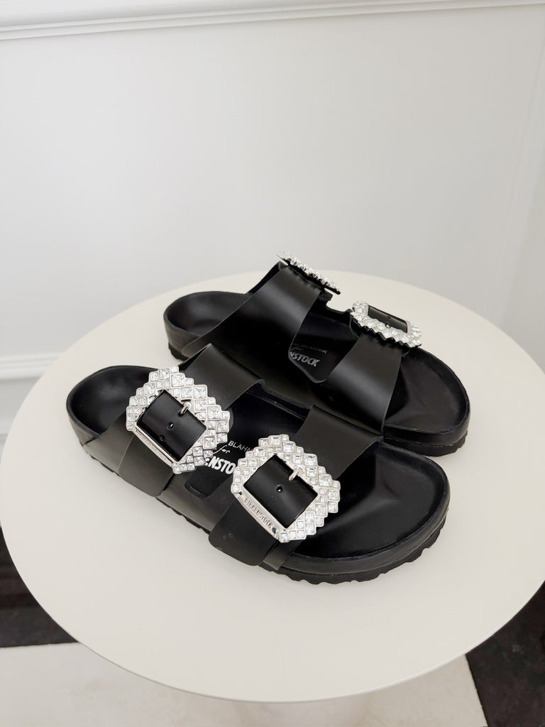 Leather Crystal Embellished Slides