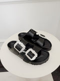 Leather Crystal Embellished Slides