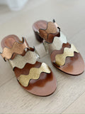 Metallic Scalloped Detail Leather Slide Sandals