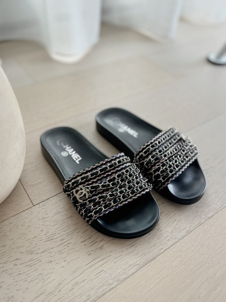 Chain-Link Accent Tweed Slide Sandals