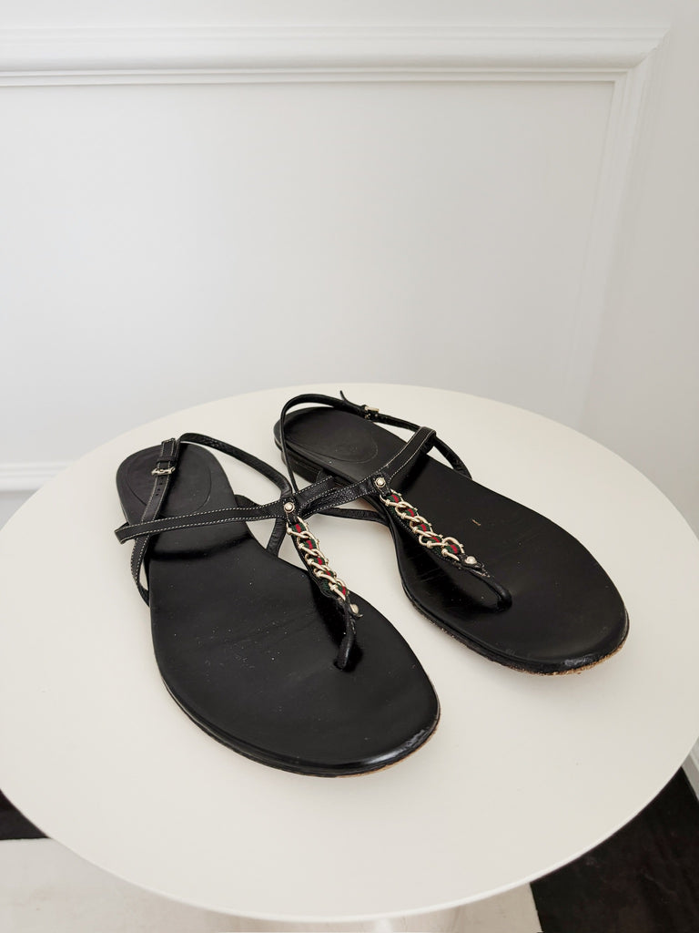 Leather Web Chain Detail Flat Sandals