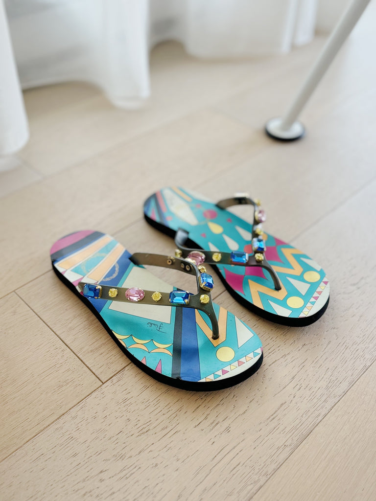 Printed Jewel Flip Flops