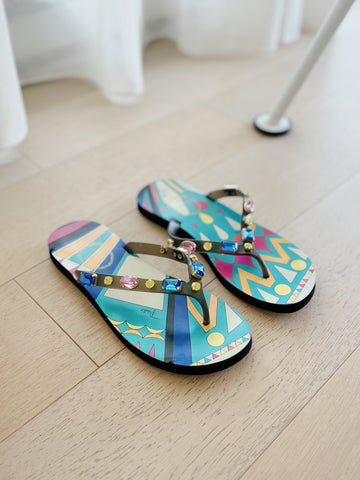 Printed Jewel Flip Flops