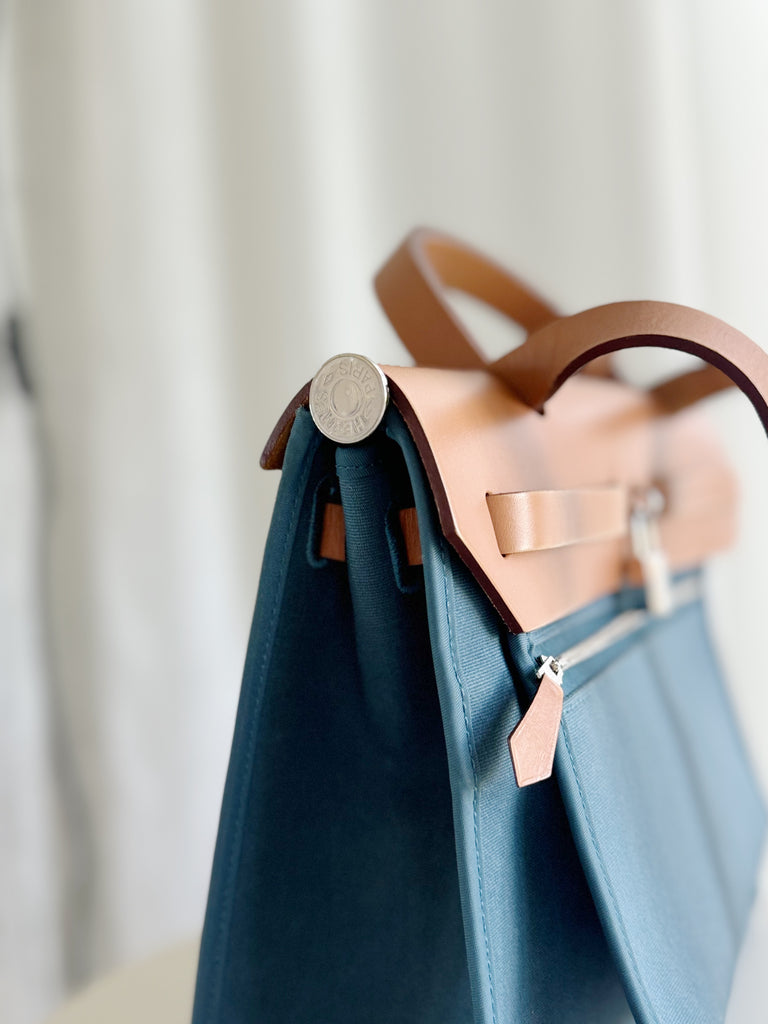 Blue Toile Canvas & Tan Leather Herbag 31 with pouch