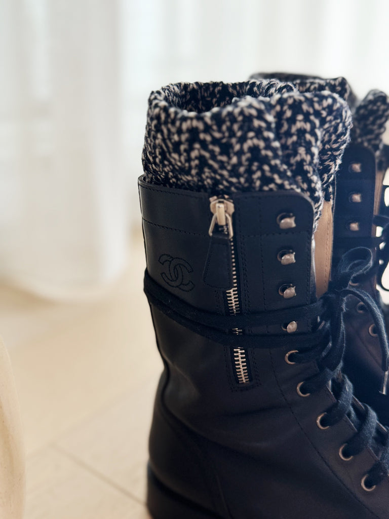 Leather Combat Boots with Knit Detail