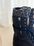 Leather Combat Boots with Knit Detail