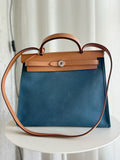 Blue Toile Canvas & Tan Leather Herbag 31 with pouch