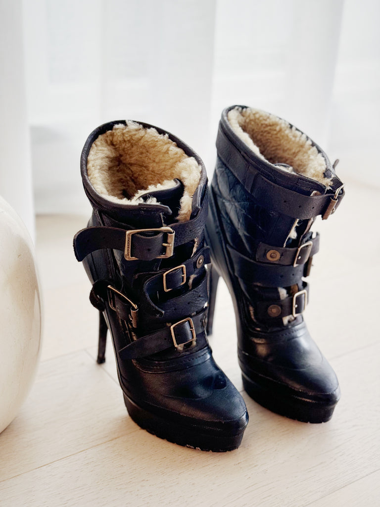 Shearling Buckle Leather Boots