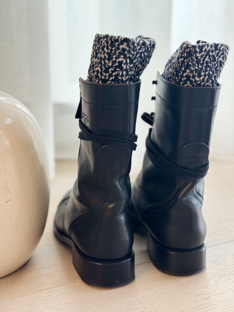 Leather Combat Boots with Knit Detail