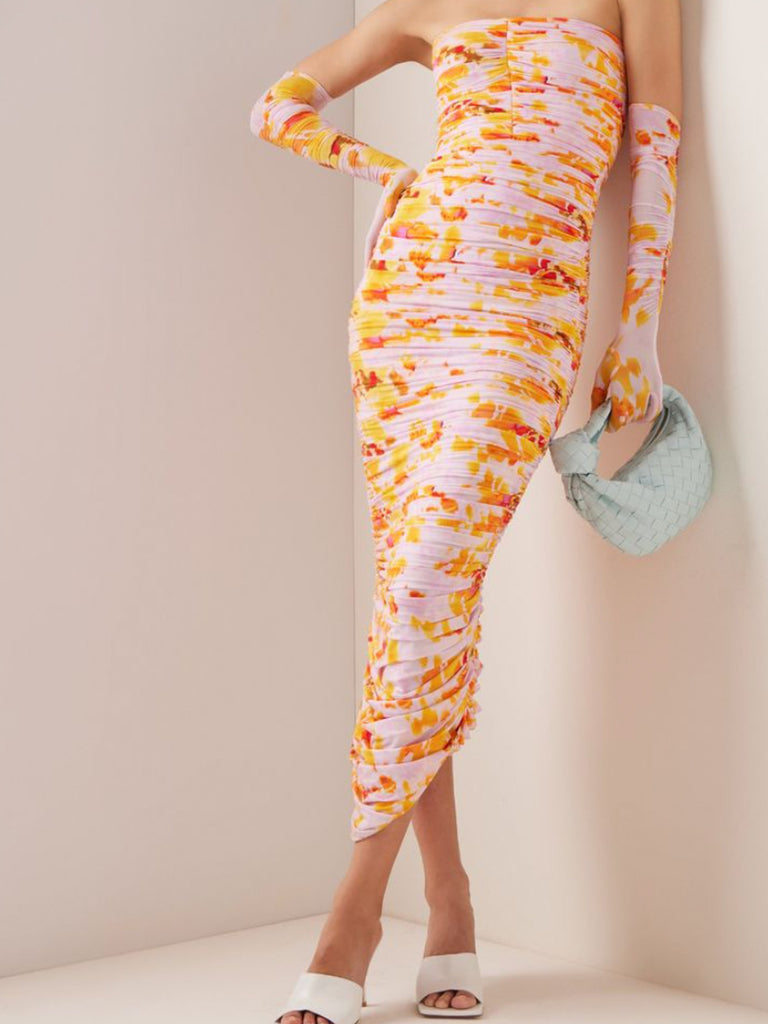 Parton Ruched Floral Strapless Dress with Gloves