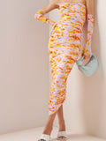 Parton Ruched Floral Strapless Dress with Gloves
