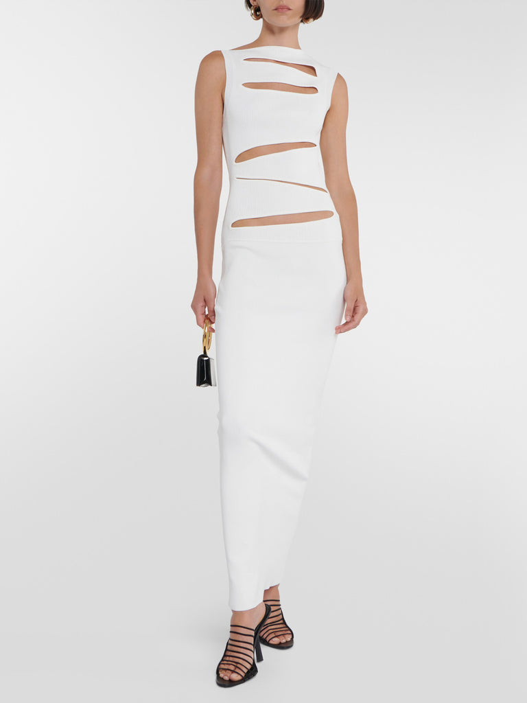 Cutout ribbed-knit paneled maxi dress