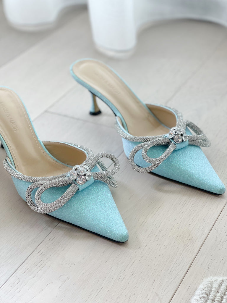 Double-Bow Crystal-Embellished Glittered Mules
