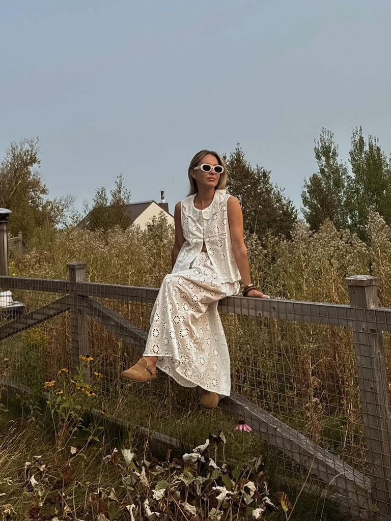Eyelet Sleeveless Button-Down Top