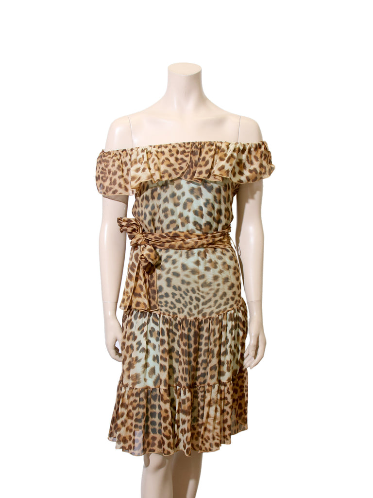 Blumarine Off-the-Shoulder Silk Leopard Dress