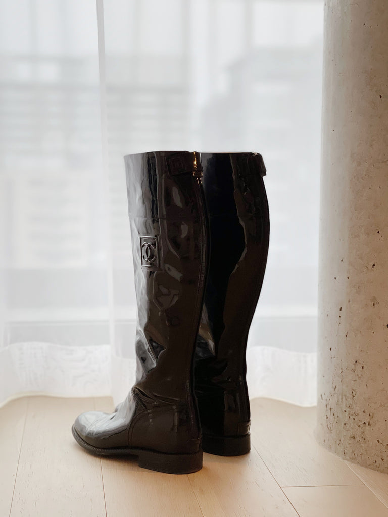 Chanel Patent Leather Flat Knee-High Boots