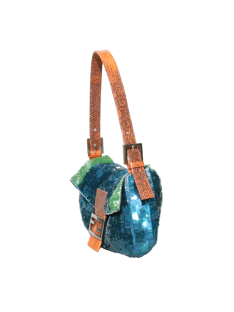 Fendi Lizard-Trimmed Sequin Baguette Bag